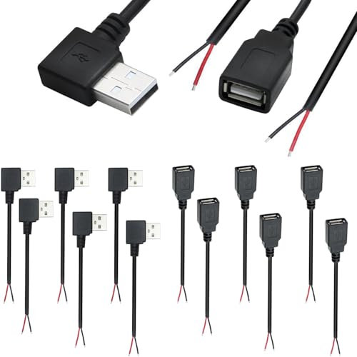 RUNCCI-YUN 12Pcs Pigtail Cable USB 2.0 22AWG 90 Grados Macho Hembra de 2 Pines,USB-A cable de alimentación Cable desnudo,conector USB de soldadura 5V 2A para Equipo USB Instalado o DIY Reempla