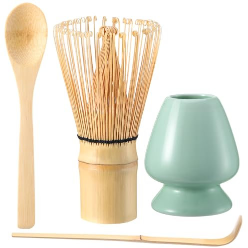 saerryor 4 Pack Matcha Kit, Natural Matcha Whisk, Green Matcha Set Matcha Whisk (Chasen), Ceramic Whisk Holder, Scoop (Chashaku), Tea Spoon