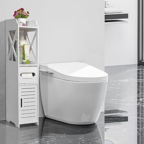 huzhou Petit Meuble de Rangement pour Toilettes, Support Papier Toilette Armoire Toilettes Porte Brosse WC Meuble de Salle de Bain sur Pied en Bois, Armoire de Salle de Bain (20 * 15 * 80 cm ✩Blanc)