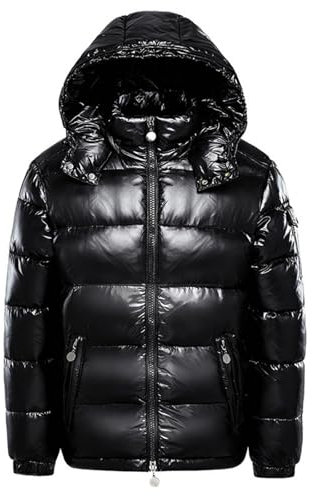 Daunenjacke Herren Glänzend Schwarz Puffer Jacke - Männer Warme Winterjacke Einfarbig Winter Schnee Unten Jacken mit Kapuze Reißverschluss Metall Glänzende Steppjacke