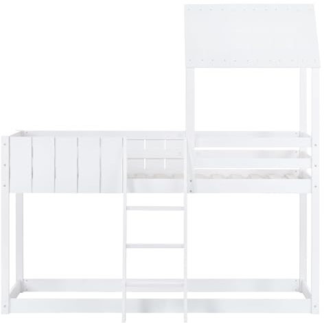 Twin House Bed Frame with Treehouse Canopy, Pine Wood Mid Sleeper Loft Bed with 3-Step Ladder & Guard Rails for Room, Space-Saving Single Bed with Storage Area, No Box Spring Needed (White)