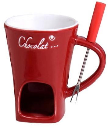 KOOMAL 200ml Ceramic Chocolate Fondue Mug Set with Forks for Cheese Chocolate Butter (red)