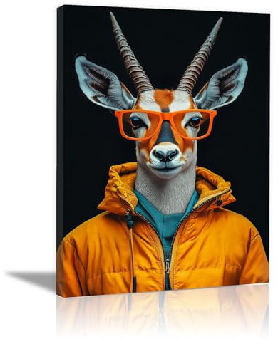 DMZPKZB Tier Illustration Wanddeko Kunstwerk, Hirsch mit Brille Poster für Wohnzimmer, Schlafzimmer, Heimbüro, Kunstwerk, Geschenk, 50x70cm Gerahmt(Gelb)