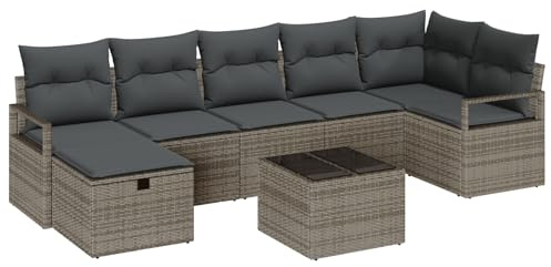 vidaXL 8-teiliges Gartensofa-Set mit Kissen in Grau aus Polyrattan | Wetterfestes, modulares Sitzmöbel für die Terrasse, bequem für 5 Personen, perfekt für die Lounge.