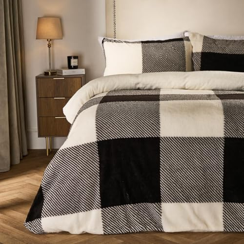 OHS Superking Teddy Fleece Duvet Set, Sherpa Reversible Gingham Check Winter Christmas Bedding Super Soft Warm Thermal Superking Duvet Set Teddy Bear Bedding with Pillowcases, Monochrome