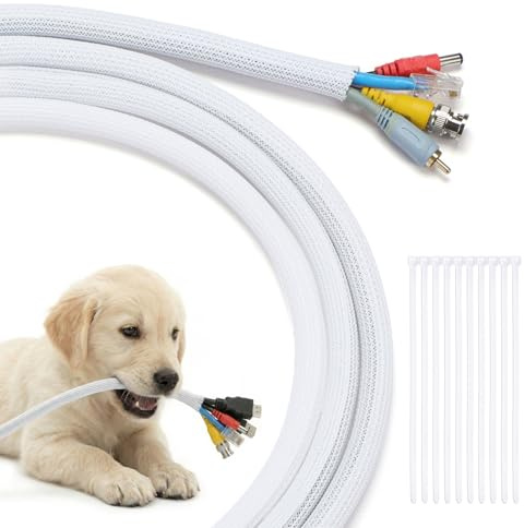 Yecaye Cable Tidy Sleeve 10ft (3m), 1/2 inch (13mm) Split Braided Cord Protector Wire Loom, Pet Chew Proof Cable Management for TV PC USB, with 10 Free Zip Ties (White)