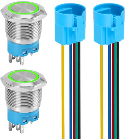 4PCS Momentaner Druckknopf, 0.87 Zoll/22mm, Selbstresettierend, Edelstahl Taster, Grün LED 220VAC 3A, LED 1NO1NC SPDT An/Aus Schalter, Wasserdicht IP65 mit Kabelbuchse Stecker