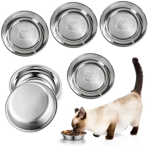 6 Piezas Comedero Gato Acero Inoxidable, 16 cm Cuencos Planos para Gatos | Platos Antideslizantes para Gatos, Fácil de Limpiar, Comedero de Metálico para Gatitos para Cachorros y Mascotas Pequeñas