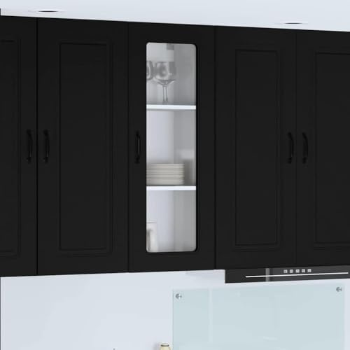 Owoxanthellate Küchenhängeschrank Schwarz 40x31x100 cm Holzwerkstoff mit 3 Regalen und Glastür Modernes Wandmöbel für Küche Kleiner Flur Büro oder Wohnküche