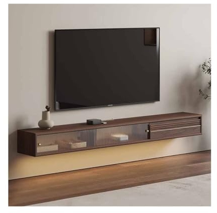 Meuble TV Meuble TV Flottant, Meuble Mural 55,1/70,8 avec Portes coulissantes en Verre et tiroir, Centre de Divertissement Moderne Noyer for sous la Rangement(140cm)