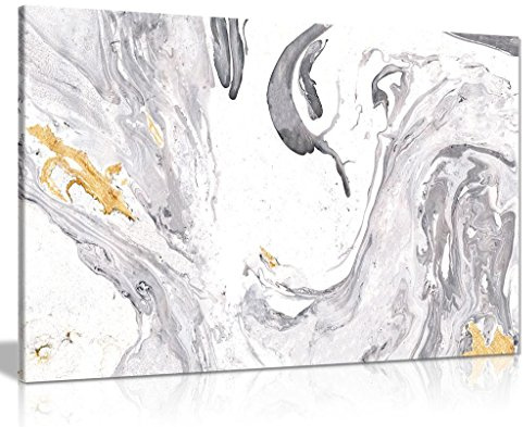 Abstract Modern Grey Yellow White Paint Swirls Canvas Wall Art Picture Print (18x12)