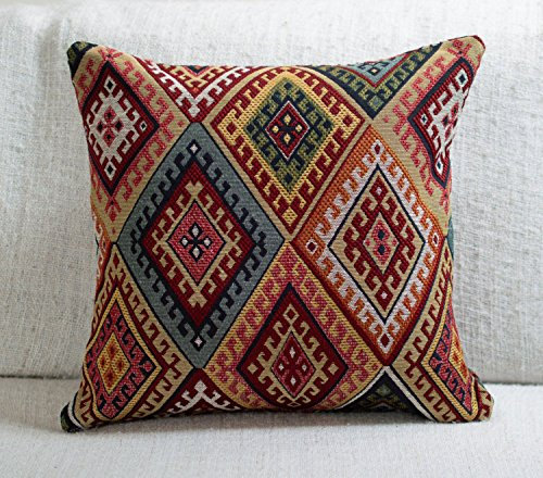 Traditional Turkish Kilim Style Cushion Cover. 17 x 17 Square Cover. Heavyweight Woven Kilim Fabric Diamond Pattern.