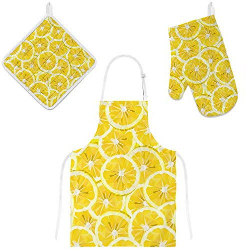 MyDaily Cooking Apron, Oven Glove and Potholder Set, Lemon Yellow Adjustable Apron with Pockets, Oven Mitt and Pot Holder, 3 Piece, Kitchen Gift Set