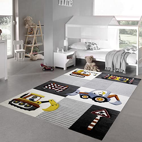Teppich-Traum Kinderzimmer Teppich Spielteppich Baustelle Kran Bagger Straßenschilder grau Creme gelb, Größe 140x200 cm