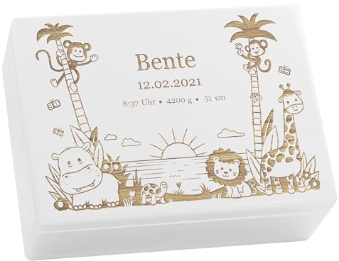 LAUBLUST Erinnerungsbox Baby Personalisiert - Dschungel - Geschenk zur Geburt | L - ca. 40x30x14cm, Holzkiste Weiß FSC®