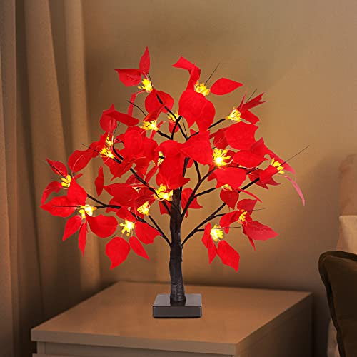YLSZHY LED Tabletop Lighted Poinsettia Tree, 20 Inch Christmas Decorations Lights Battery Operated 24 LED Christmas Red Poinsettia Flower for Home Festival Decoration