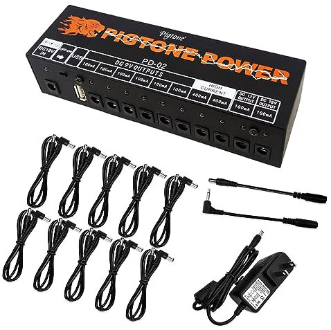 Pigtone Fuente de alimentación con pedal de efecto de guitarra 10 salidas aisladas de CC adecuadas para 9V/12V/18V 100mA 400mA Protección contra cortocircuito y sobrecorriente PD-02 con USB (5V2A)