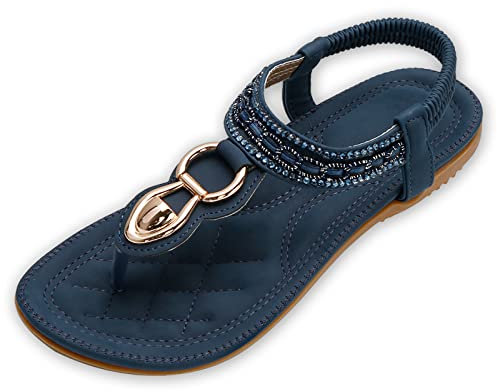 ZOEREA Sandales Femme Été Plates Confortable Mode Bohème Tongs Bout Ouvert Chaussures pour Plage Vacances du Quotidien Détente Taille Style 9 Bleu foncé,42 EU
