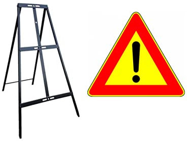 CARTELLO IN LAMIERA SCATOLATA TRIANGOLO lato 90cm - pericolo generico giallo - SEGNALE CATARIFRAGENTE CON CAVALLETTO (CARTELLO + CAVALLETTO)