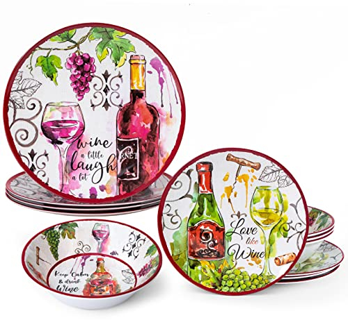 LEHAHA 12-teiliges Melamin-Geschirr-Set Toskana, Wein- und Weingeschirr-Set für 4, Bauernhaus-Teller und -Schüsseln, Vintage-Geschirr-Set für Wohnmobil, Party, Familientreffen und Dekorieren. Traube
