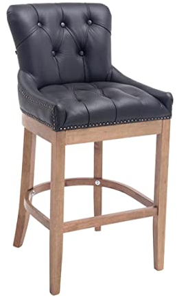 TPFLiving Barhocker Wooden Luck mit bequemer Rückenlehne und angenehmer Fußstütze - Tresenhocker mit 4-Fuß Gestell Holz Hellbraun - Sitzfläche: Echtleder Schwarz