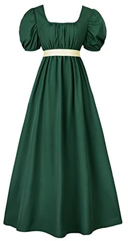 FRIUSATE Green Regency Dress, Renaissance Dress, Regency Dresses for Women Costume with Sash Empire Waist Ruffled Puff Sleeve Long Dress for Parties, Weddings and Gala(S Dark Green)