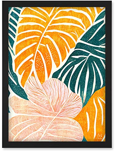 Doppelganger33 LTD Orange Pastel Pink Green Monstera Plant Leaf Boho Linocut Illustration Artwork Framed Wall Art Print A4