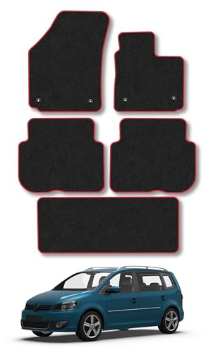 VW Touran (2007-2015) Carpet Car Mats | Red Edge Trim Tailored Fit Floor Mats Full Coverage Protection Accessories Easy Clean Anti Slip Made in the UK