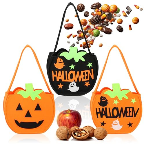 com-four® 3X Halloween Tasche - Beutel zum Sammeln von Süßigkeiten - Sammeltasche aus Filz - Geschenktasche mit kinderfreundlichen Gruselmotiven (03 Stück - orange + schwarz)
