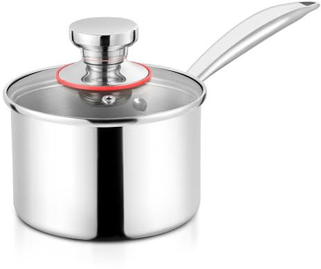 Herogo Stielkasserolle 18cm, 18/10 Edelstahl Milchtopf mit Deckel 2,4 Liter, Saucenpfanne Kochtopf mit Langer Griff, Induktion Kasserolle für Küche/Restaurants, Ungestrichen, Spülmaschinenfest