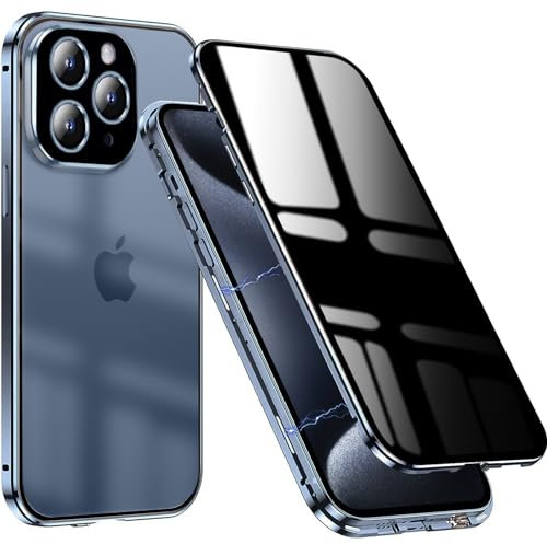 QiiStar Privacy Case for iPhone 15 Pro Max,Anti-Peeping Screen Transparent Back Cover Double Sided Tempered Glass 360 Full Body Phone Case Magnetic Bumper with Camera Lens Protector,Clear Blue