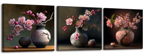 PIY PAINTING Set da 3 Quadri con Fiore di pesco Stampa su Tela, Fiori di pesco in vaso Quadri Moderni Decorazione da parete Quadro su Tela Incorniciato per la decorazione della casa, sala yoga 30x30CM