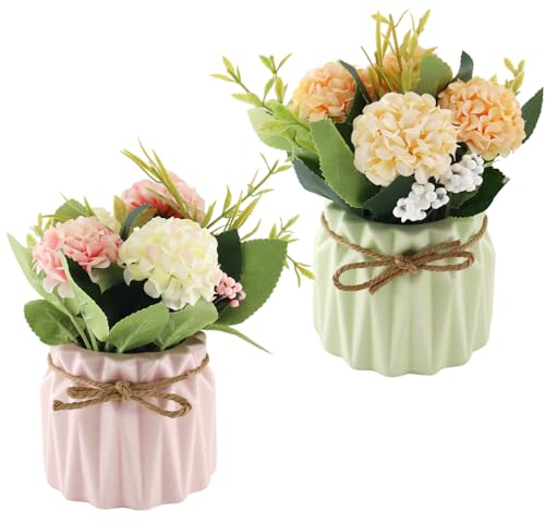 alwaiiz 2 Stück Künstliche Blumen im Topf, Kunstblumen mit Vase, Geeignet für die Dekoration von Häusern, Hochzeiten und Partys, Rosa, Grün