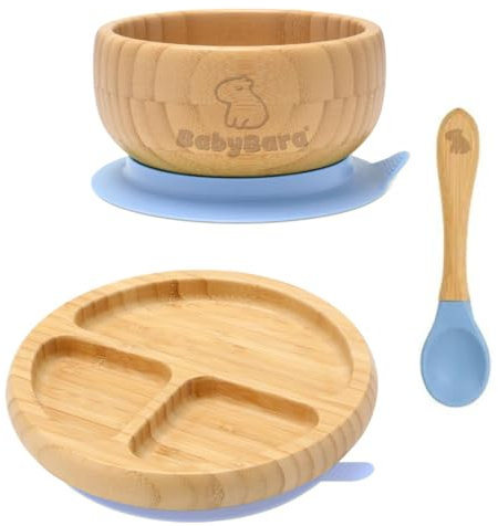 BABYBARA ® Plates and Bowls Set, Weaning Set, Baby Weaning Set, Bamboo Bowl Plate and Spoon, Segmented Baby Feeding Set with suctions, Baby weaning Essentials, Tableware Set