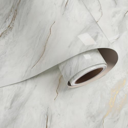 VaryPaper Grey Gold Marble Effect Self Adhesive Vinyl Wallpaper 40cmx200cm Glossy Marble Contact Paper for Kitchen Countertops Sticky Back Plastic Washable Kitchen Wallpaper Cupboard Vinyl Wrap Tables