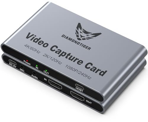 DiamondTiger HDMI Capture Card for Streaming and Recording - 4K@60HZ, 1080P@240HZ,HDR VRR Passthrough Near-Zero Latency Video Capture Card for PS5, Xbox Series X/S, Nintendo in OBS™, Twitch,YouTube