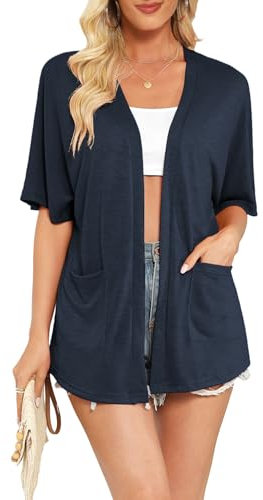Wiwclo Womens Plus Size Short Sleeve Kimono Cardigans Lightweight Summer Cardigan Casual Loose Beach Cover Up Curved Hem with Pockets,Navy Blue,XL