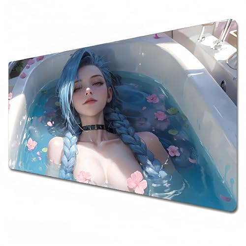 League of Legends Tapis de souris | Grand tapis de souris mignon | Bleu | XXL 900 x 400 | Tapis de bureau imperméable – Antidérapant | Jinx (80 x 30 x 0,3 cm)