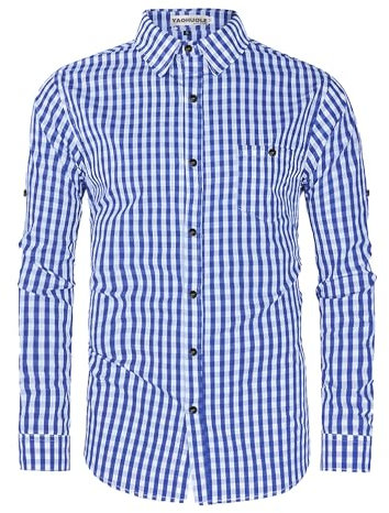 YAOHUOLE Chemise Homme Coton Lin Traditionnel Oktoberfest Chemise Homme Manches Longues Chemise à Carreaux Bleu foncé L