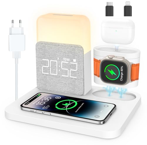 COLSUR 3 en 1 Chargeur Induction Apple Watch iPhone AirPods, Station De Charge Samsung, Lampe de Chevet Chambre Tactile, Réveil, téléphones Accessoires sans Fil 16/15/14/13, Decoration Chambre