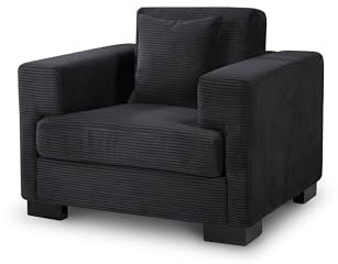 Plush Cord Black Fabric Single Sofa 99 CM Wide Armchair – Durable Fabric & Removable Cushions , Compact Quality Modern Rectangular Living Room Snuggle Chair for Small Spaces & Apartments