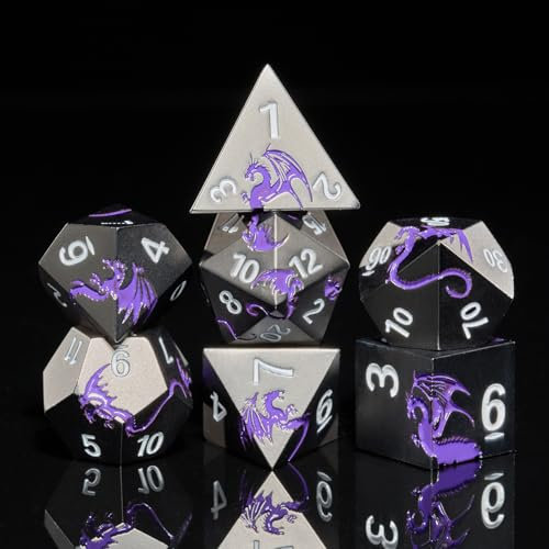 HNCCESG DND Dice Polyedrisches Würfel Set aus Metall,Drache Metallisch, 7 Stück für Dungeon und Dragons MTG RPG D&D D20, D12, D10, D%, D8, D6, D4 (schwarz-violetter Drache)