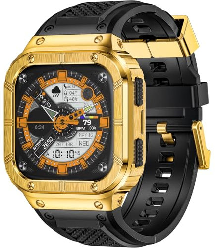 HASLFM Armband Kompatibel mit Fitbit Versa 4/3/2/1 Fitbit Versa Lite/Fitbit Sense 2/1, Silikon Armband und Edelstahl Schutzhülle, Robustes Ersatzband für Männer, Gold