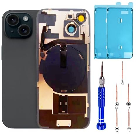 15 Back Glass Replacement Kit with Plate & Flex Cable and All Parts Black 6.1 Inch for iPhone 15 Back Cover Glass with Repair Tools (Black)