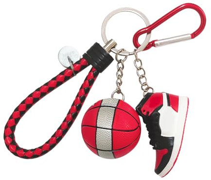 Porte-clés en forme de chaussure 3D avec mini ballon de basket et cordon, porte-clés élégant pour les fans de basket-ball, cadeau pour enfants, hommes et femmes, noir/rouge, M