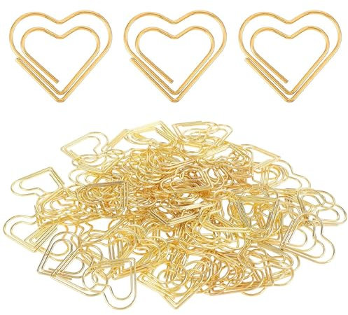 100 Stück Büroklammern Herz Büroklammern Gold Groß Herzförmige Büroklammer Motiv Liebe Büroklammern Spender, Herz Paper Clips für Büro, Hochzeiten, Klassenzimmer, Aktenklammer