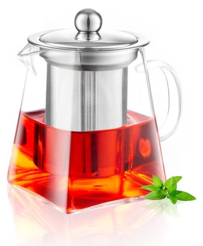 MS WGO Handmade Glass Teapot with Infuser 350ml/11.83oz, Square Shape Infuser Tea Pot, Heat-Resistant Borosilicate Glass Teapot with Strainer
