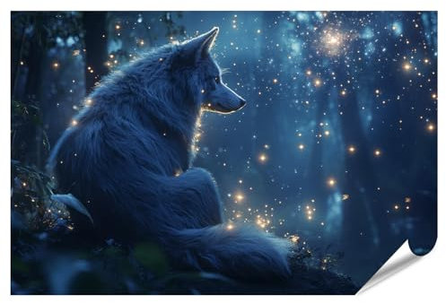 islandburner XXL Bild Poster Wolf im magischen Sternenlicht Wald Premium Bilder Fotodruck