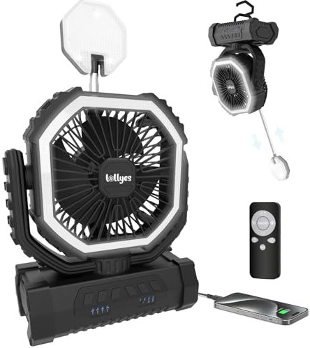 lollyes Ventilatore da Campeggio con Luce, Alimentazione a Batteria 20000mAh, Ventilatore Portatile Ricaricabile con Telecomando e Gancio Rotante a 360°, 4 Velocità per Interni, Viaggi, Camper (Nero)