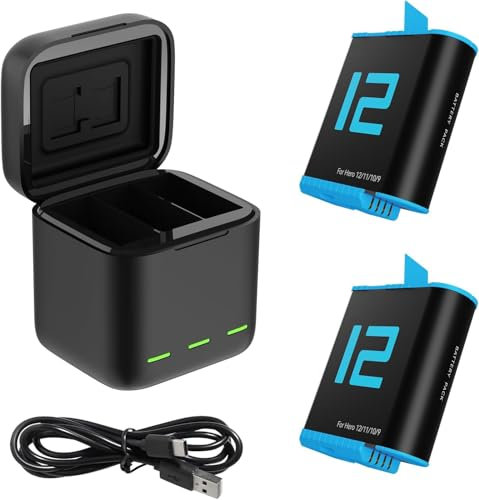 OHZHAO Lot de 3 batteries de rechange, 2580 mAh, pour GoPro Hero 12, avec boîte de chargement de batterie PD Quick Charge 2025, pour Hero 12/11/10/9, noir